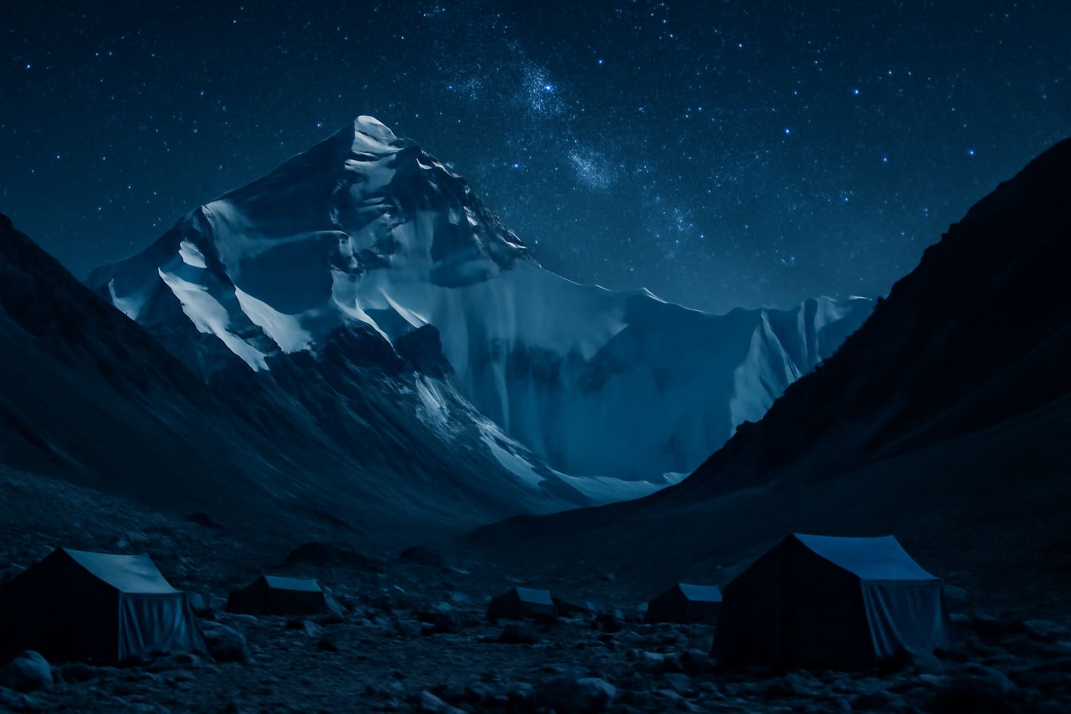 Mount Everest at night above a lit base camp