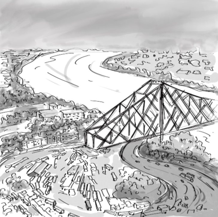 Storyboard sketch: aerial view of Howrah Bridge over the Hooghly river