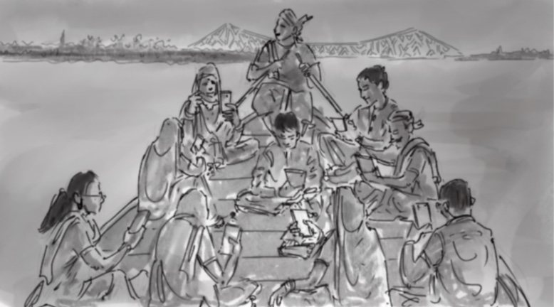Storyboard sketch: passengers on a river boat looking at their phones, Howrah Bridge behind